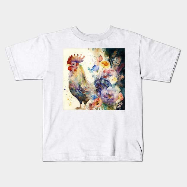 Cute Watercolor Floral Rooster, Farm Animal, Kids T-Shirt by Dream and Design